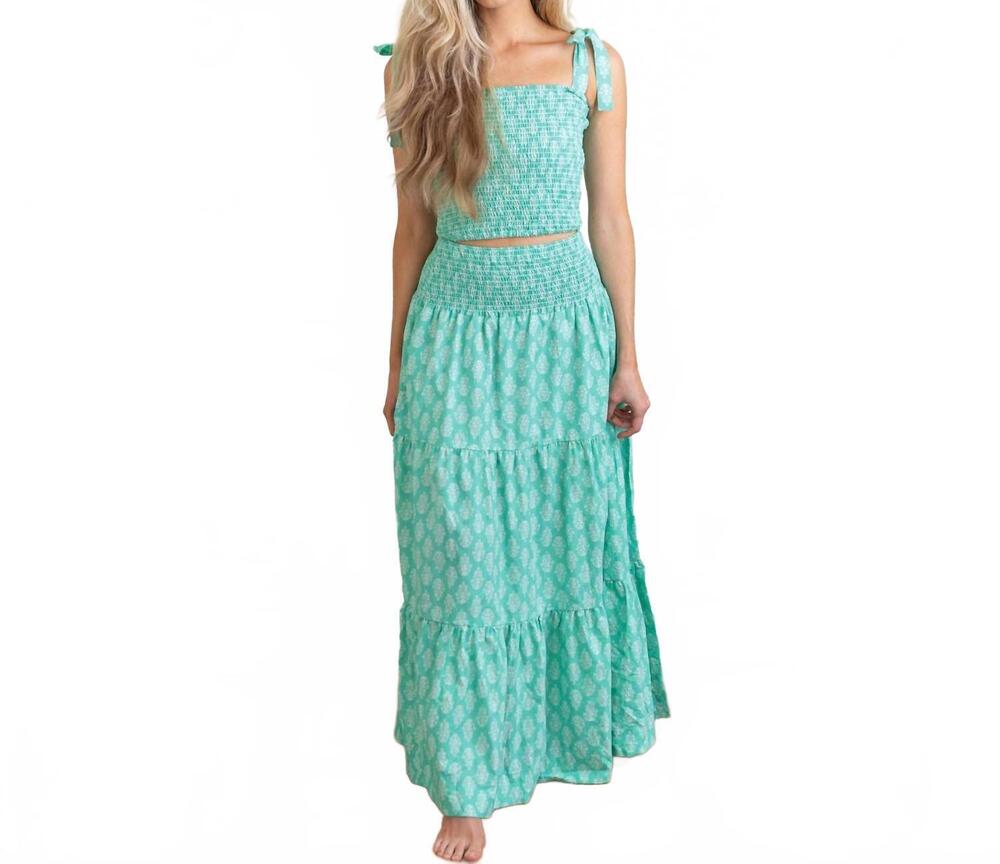 NEW 8 OAK LANE block print smocked tie top and skirt set in green